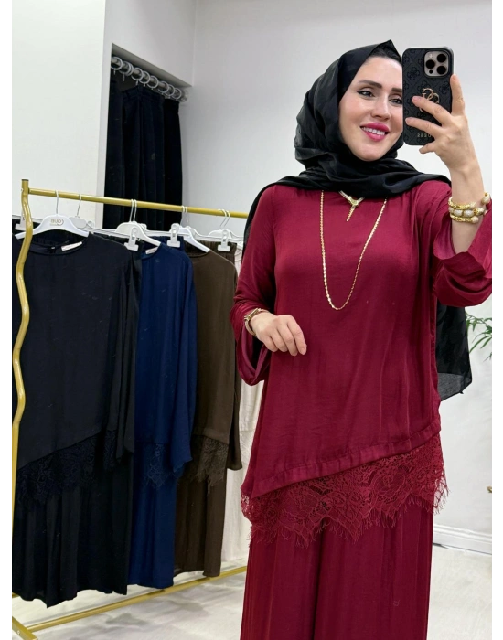 Dantel Detaylı Takım İpek Kumaş Bordo