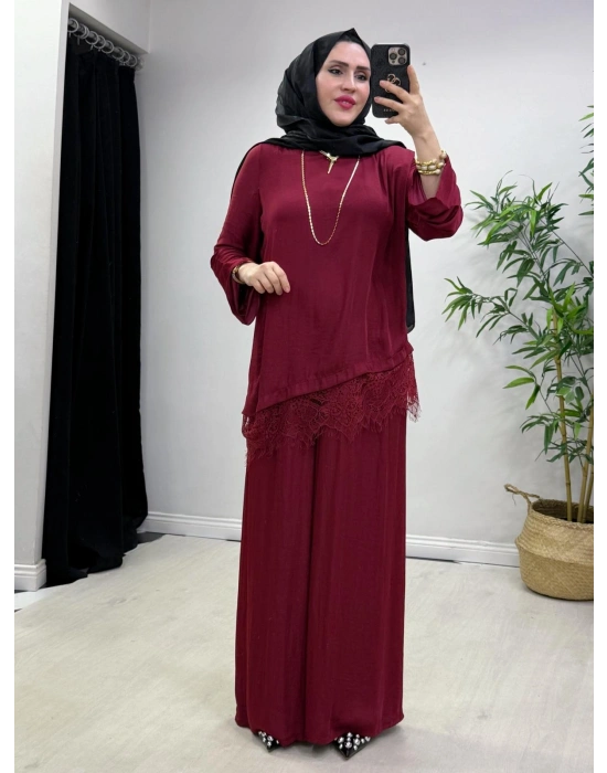 Dantel Detaylı Takım İpek Kumaş Bordo