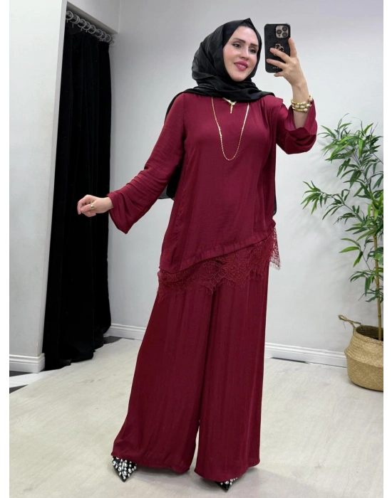 Dantel Detaylı Takım İpek Kumaş Bordo