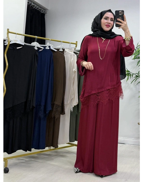 Dantel Detaylı Takım İpek Kumaş Bordo