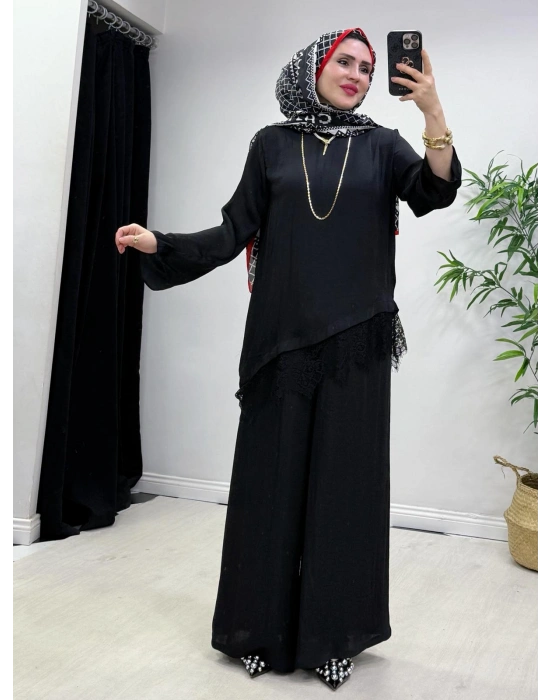 Dantel Detaylı Takım İpek Kumaş Siyah