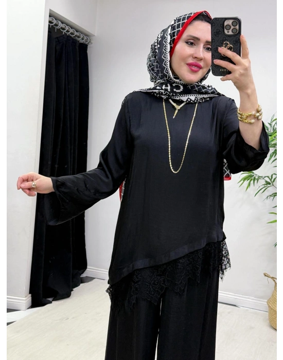 Dantel Detaylı Takım İpek Kumaş Siyah