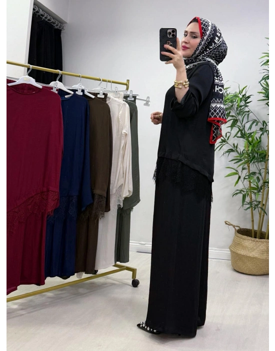 Dantel Detaylı Takım İpek Kumaş Siyah