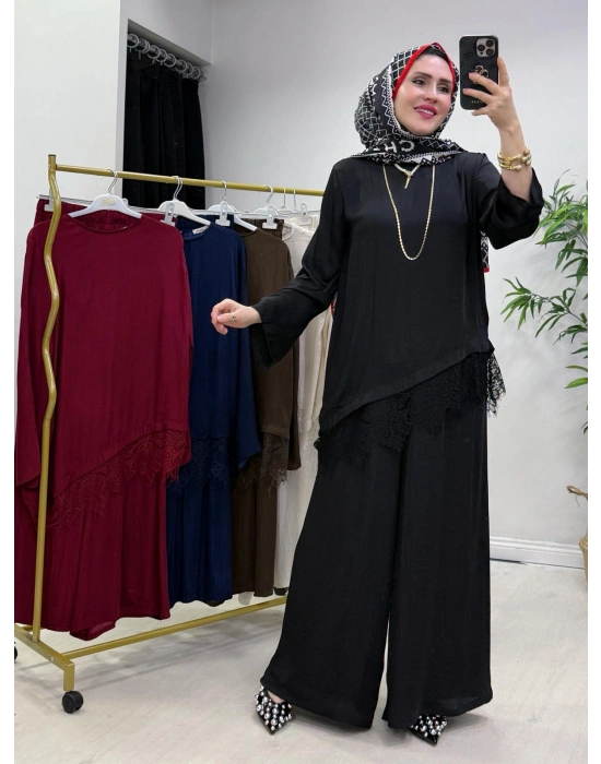 Dantel Detaylı Takım İpek Kumaş Siyah