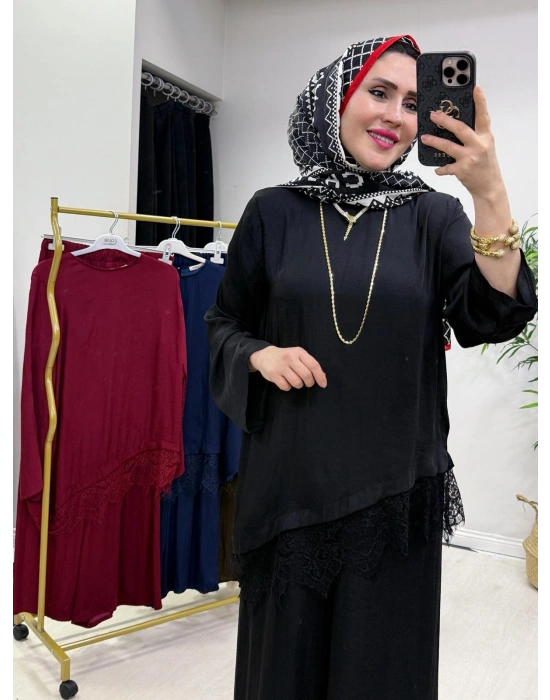 Dantel Detaylı Takım İpek Kumaş Siyah