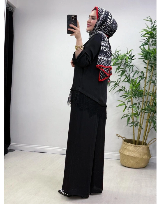 Dantel Detaylı Takım İpek Kumaş Siyah