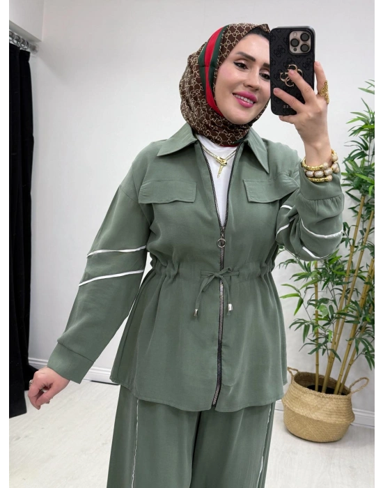 Biyeli Detaylı Qupra Kumaş Takım Haki Yeşil