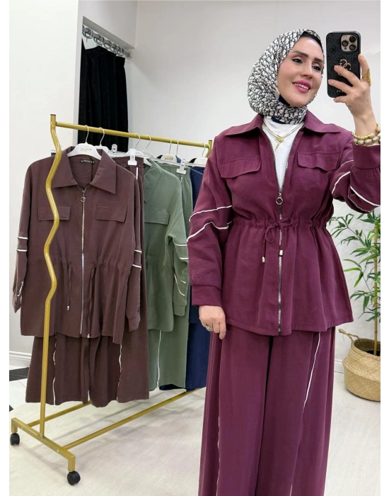 Biyeli Detaylı Qupra Kumaş Takım Mürdüm