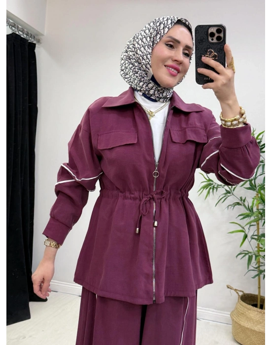 Biyeli Detaylı Qupra Kumaş Takım Mürdüm