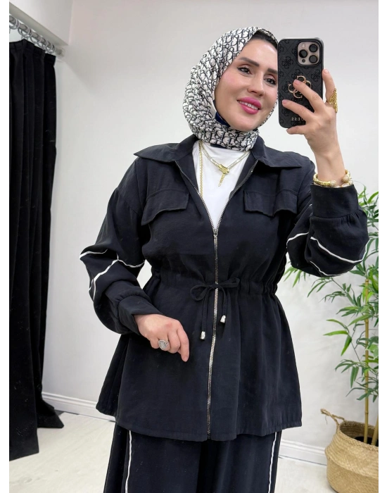 Biyeli Detaylı Qupra Kumaş Takım Siyah