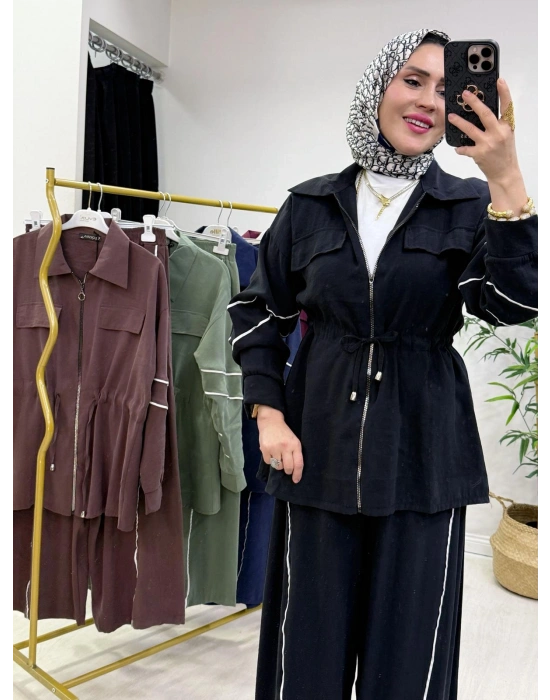 Biyeli Detaylı Qupra Kumaş Takım Siyah