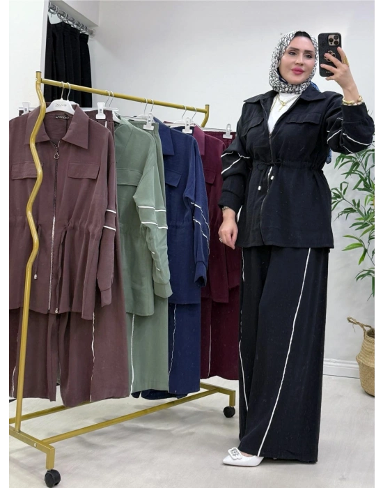 Biyeli Detaylı Qupra Kumaş Takım Siyah