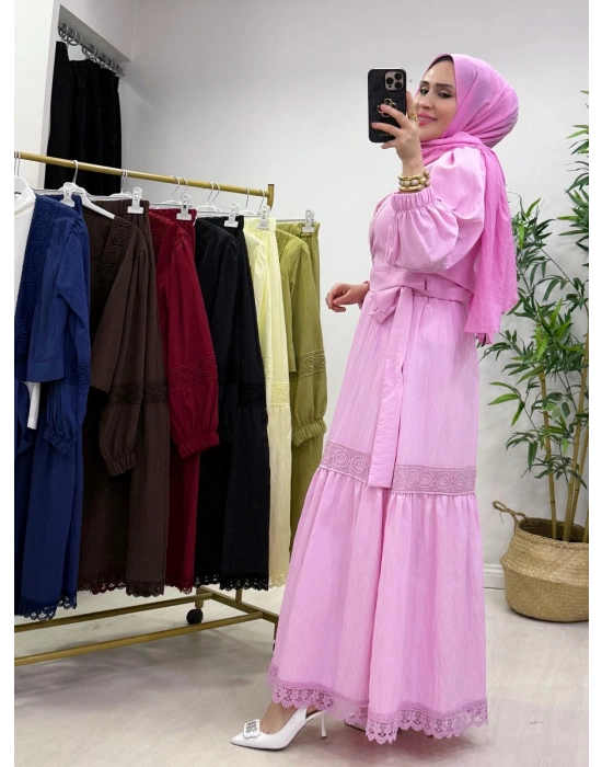 Güpür Detaylı Etekli Takım Toz Pembe