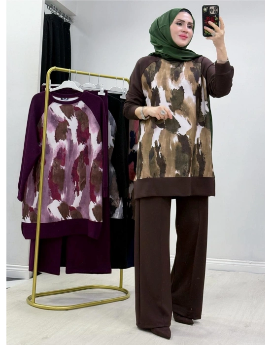 Batik Baskı Takım Kahverengi