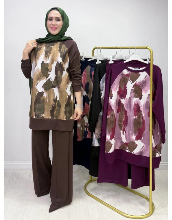 Batik Baskı Takım Kahverengi