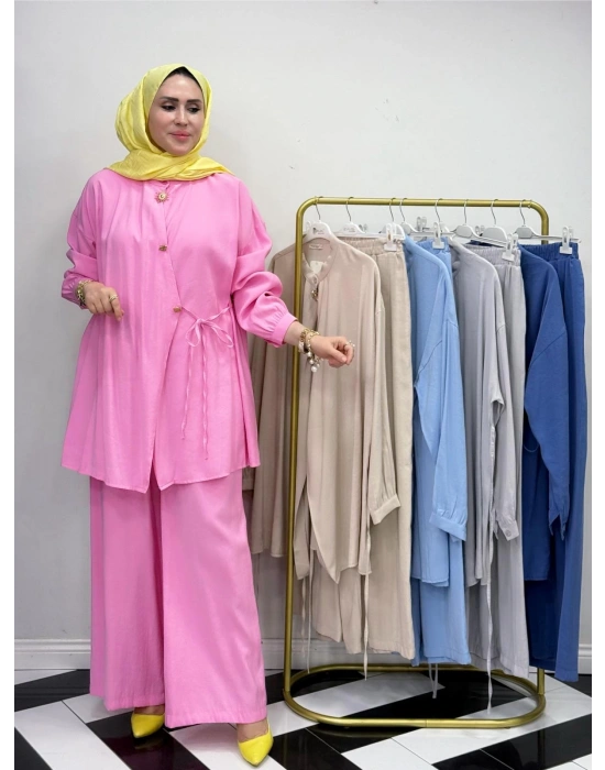 Broşlu Pamuk-Tencel Tasarım İkili Takım Fuşya