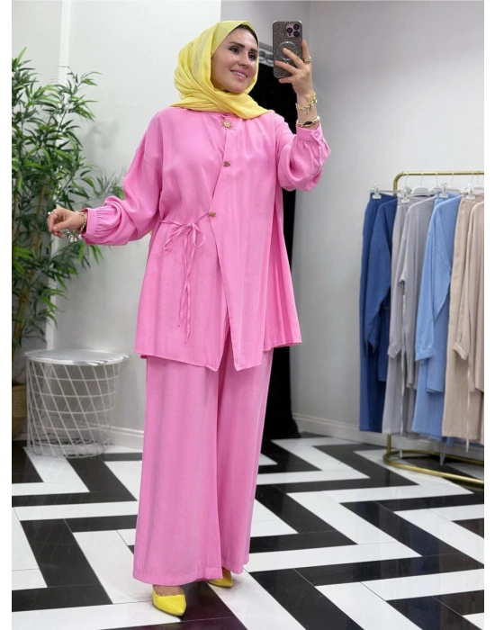 Broşlu Pamuk-Tencel Tasarım İkili Takım Fuşya