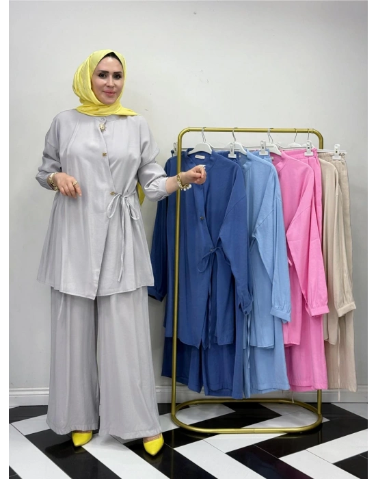 Broşlu Pamuk-Tencel Tasarım İkili Takım Gri