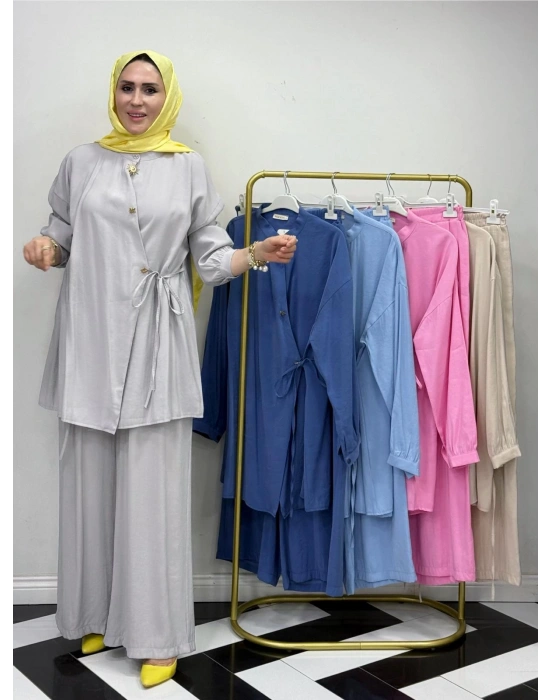 Broşlu Pamuk-Tencel Tasarım İkili Takım Gri