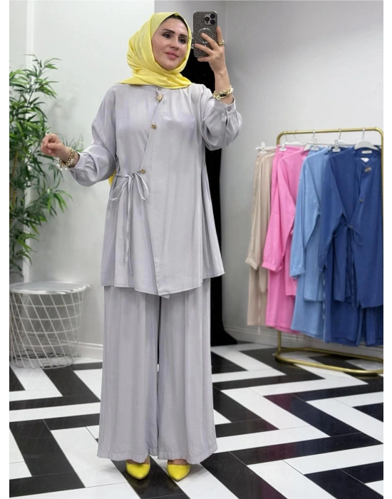 Broşlu Pamuk-Tencel Tasarım İkili Takım Gri