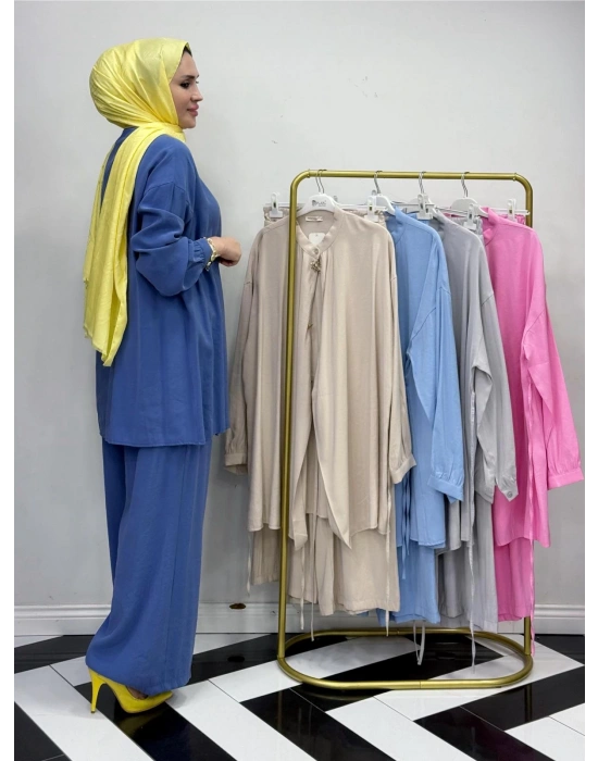 Broşlu Pamuk-Tencel Tasarım İkili Takım Mavi