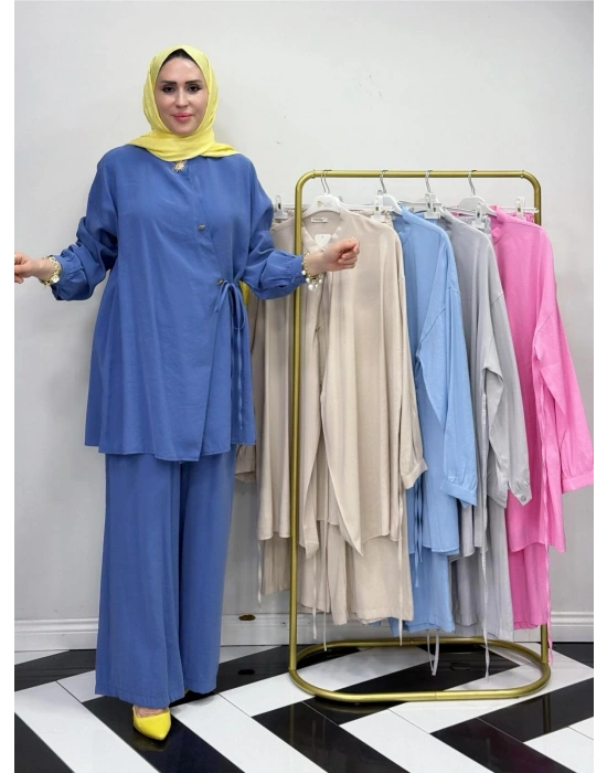 Broşlu Pamuk-Tencel Tasarım İkili Takım Mavi