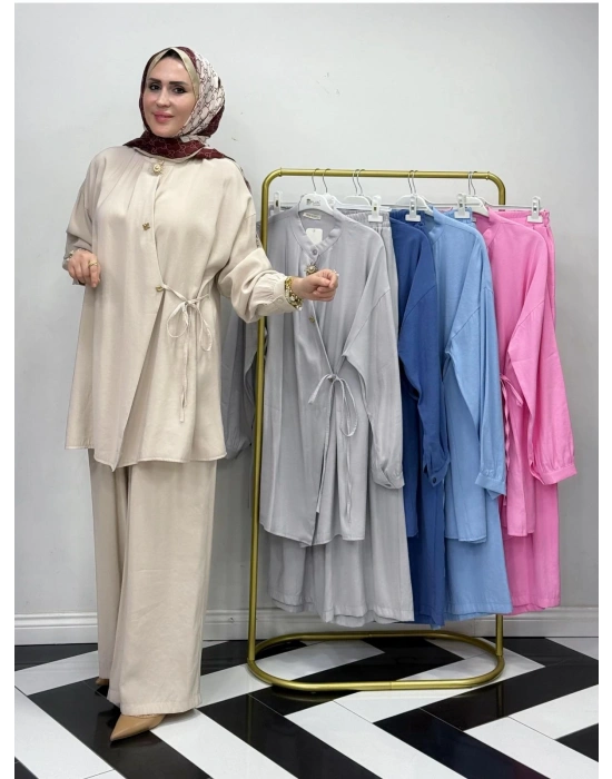 Broşlu Pamuk-Tencel Tasarım İkili Takım Bej