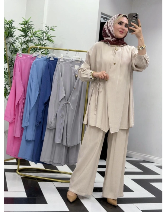 Broşlu Pamuk-Tencel Tasarım İkili Takım Bej