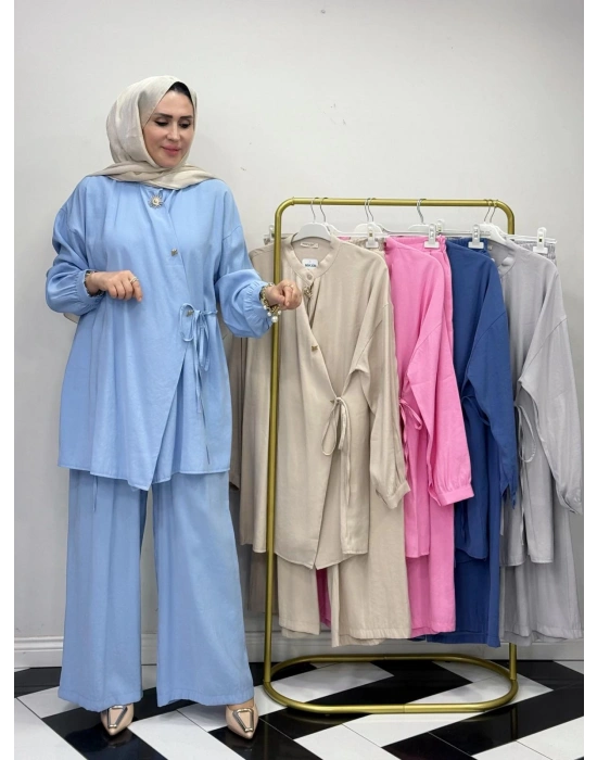 Broşlu Pamuk-Tencel Tasarım İkili Takım Bebe Mavi