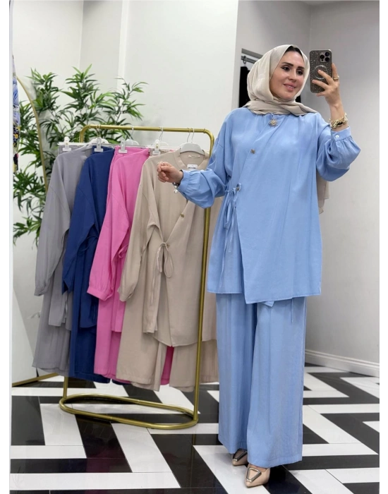 Broşlu Pamuk-Tencel Tasarım İkili Takım Bebe Mavi