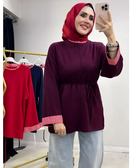Çizgili Oysho Kumaş Tunik Mürdüm