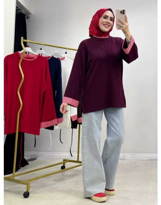 Çizgili Oysho Kumaş Tunik Mürdüm