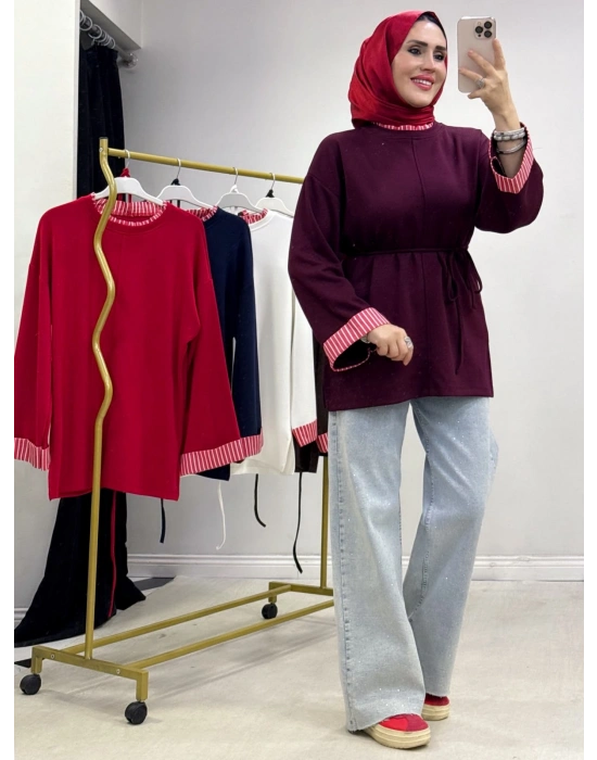 Çizgili Oysho Kumaş Tunik Mürdüm