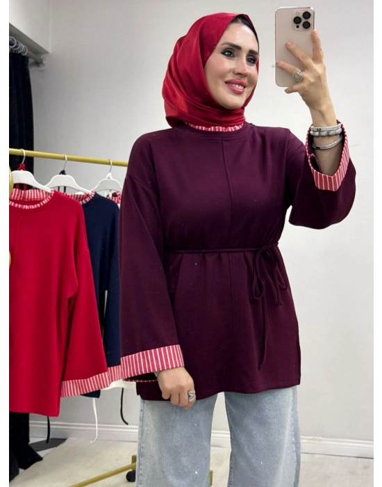 Çizgili Oysho Kumaş Tunik Mürdüm