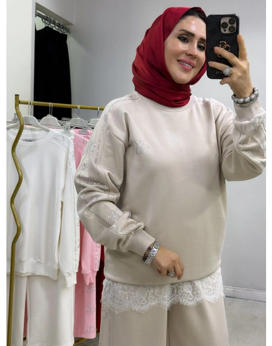 CK Spor Taşlı Takım Krem