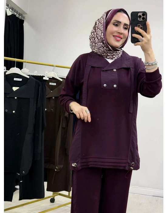 Düğmeli Oysho Takım Mürdüm
