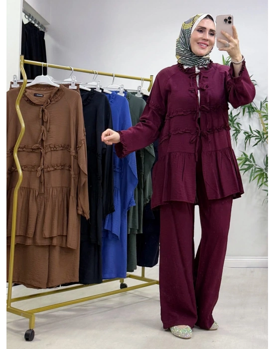 Fırfır Detaylı Modal Takım Bordo