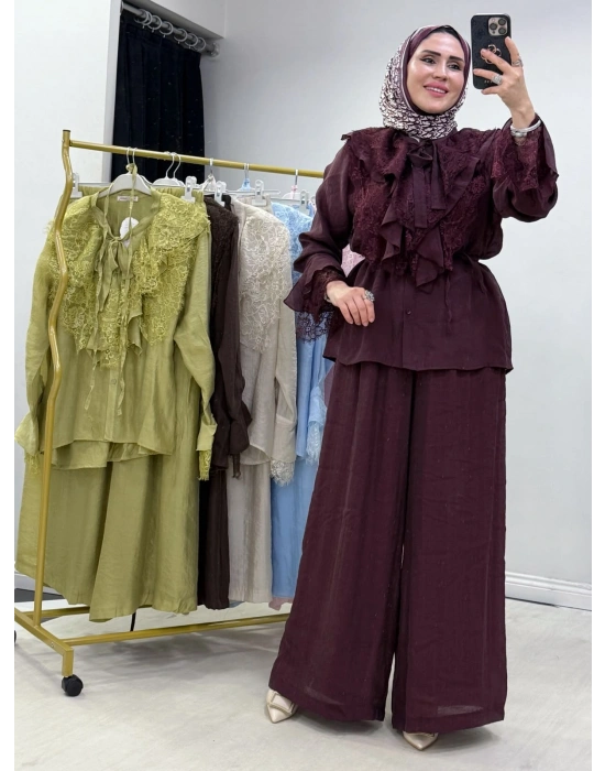 Güpür Detaylı Takım Mürdüm