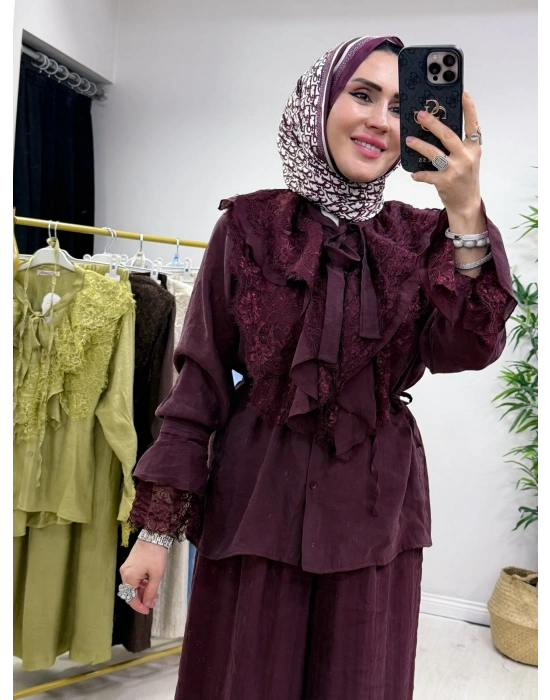Güpür Detaylı Takım Mürdüm
