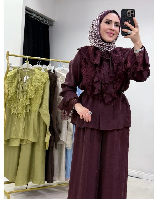Güpür Detaylı Takım Mürdüm