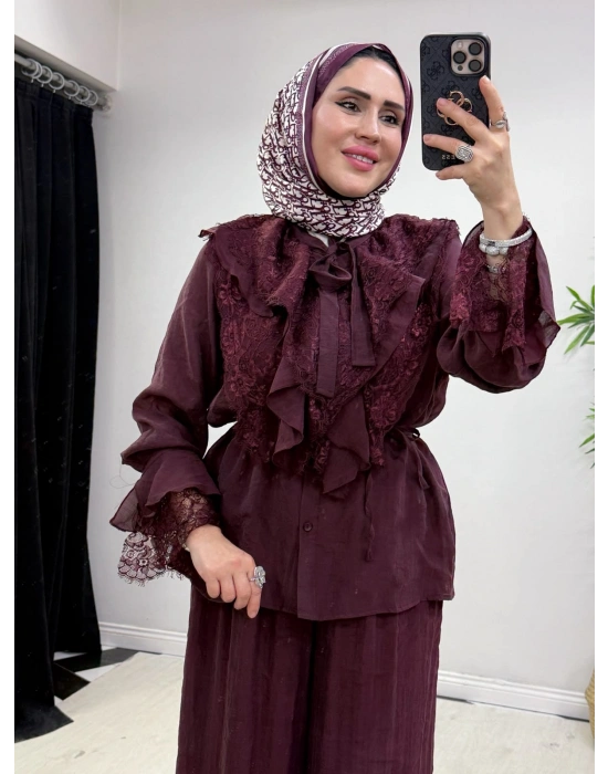 Güpür Detaylı Takım Mürdüm