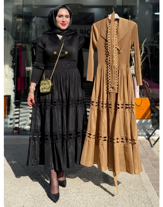 İthal Akordiyon Elbise Vizon