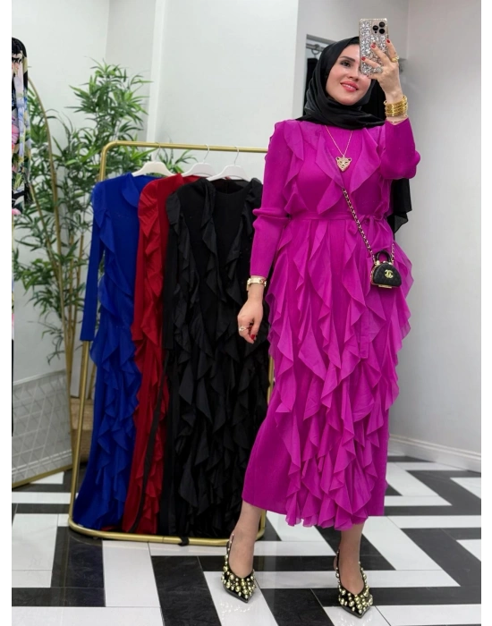 İthal Akordiyon Kumaş Elbise Fuşya