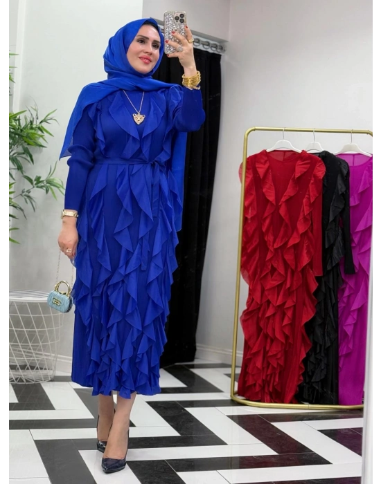 İthal Akordiyon Kumaş Elbise Saks