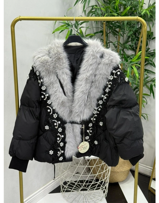 İthal Kürk Siyah İnci Detaylı