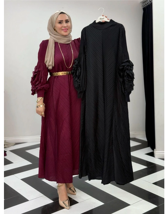 İthal Volan Detaylı Elbise Bordo
