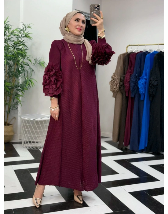 İthal Volan Detaylı Elbise Bordo