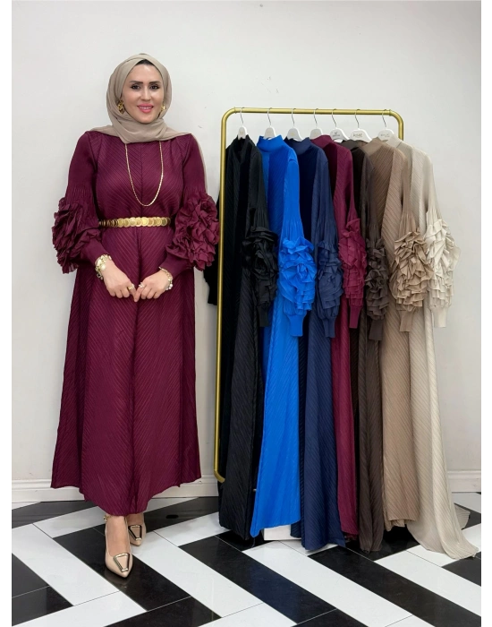 İthal Volan Detaylı Elbise Bordo