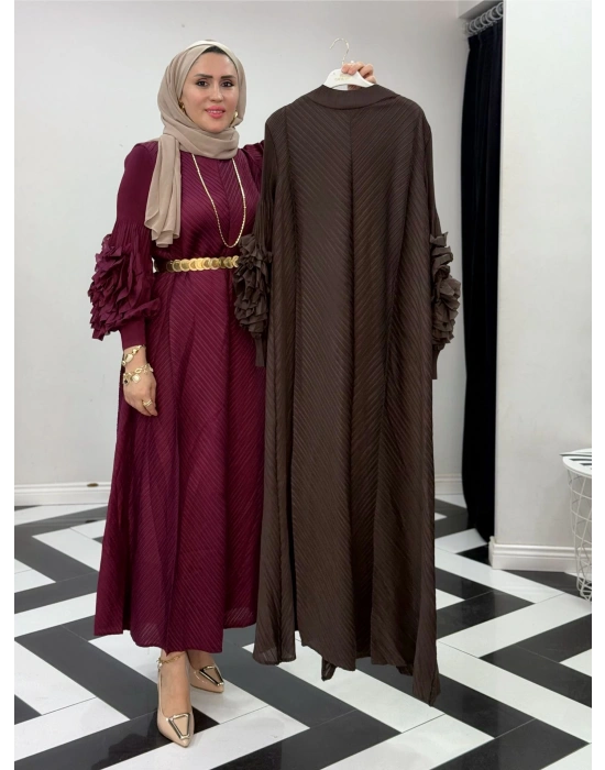 İthal Volan Detaylı Elbise Bordo