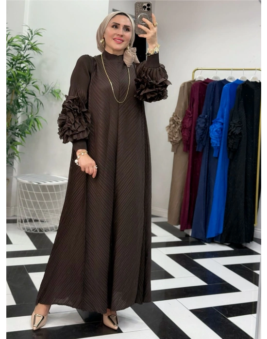 İthal Volan Detaylı Elbise Kahverengi